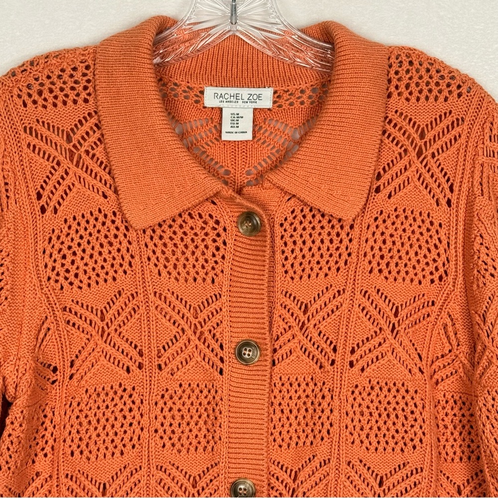 Rachel Zoe Collared Crochet Knit Cardigan Sweater Peach Coral Medium - Picture 4 of 12